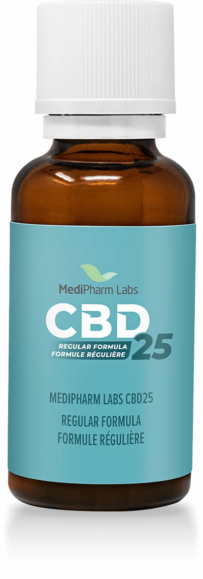 Amber glass dropper bottle of MediPharm Labs CBD25 Regular Formula with a teal label and white cap.
