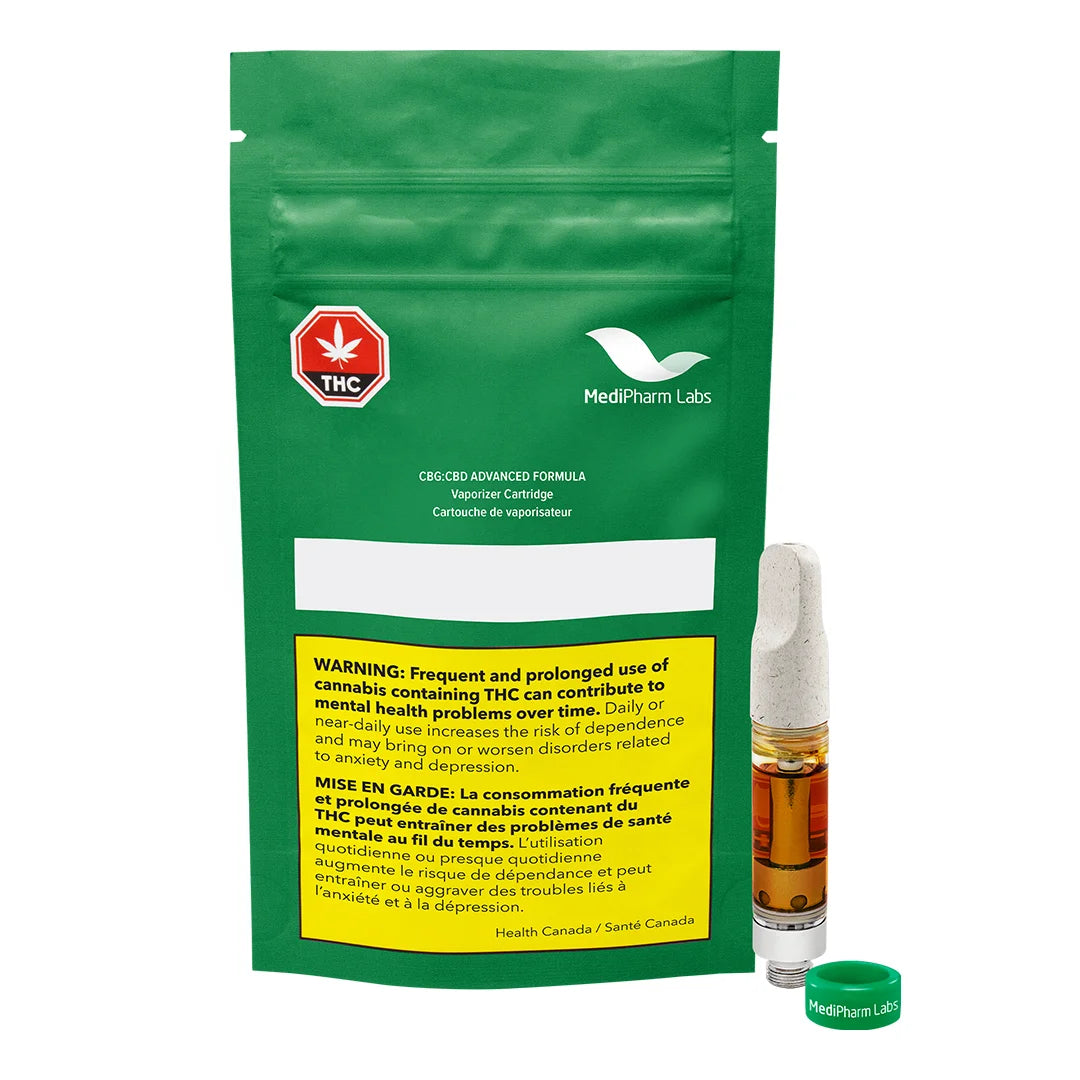Green MediPharm Labs pouch with a THC warning icon labeled CBG:CBD Advanced Formula vaporizer cartridge, shown beside the amber vape cartridge and green cap.