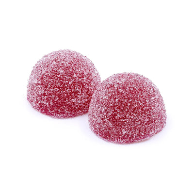 Two dome-shaped, sugar-coated pink soft chew gummies.