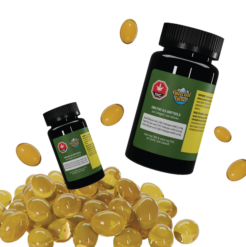 Two dark Glacial Gold CBG:THC 5:5 Softgels bottles in different sizes surrounded by loose amber gel capsules.