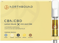 Yellow box labeled Northbound Cannabis CBN:CBD Lemon Skunk x CKS and CRM Vaporizer Cartridge beside a vape cartridge filled with amber oil.