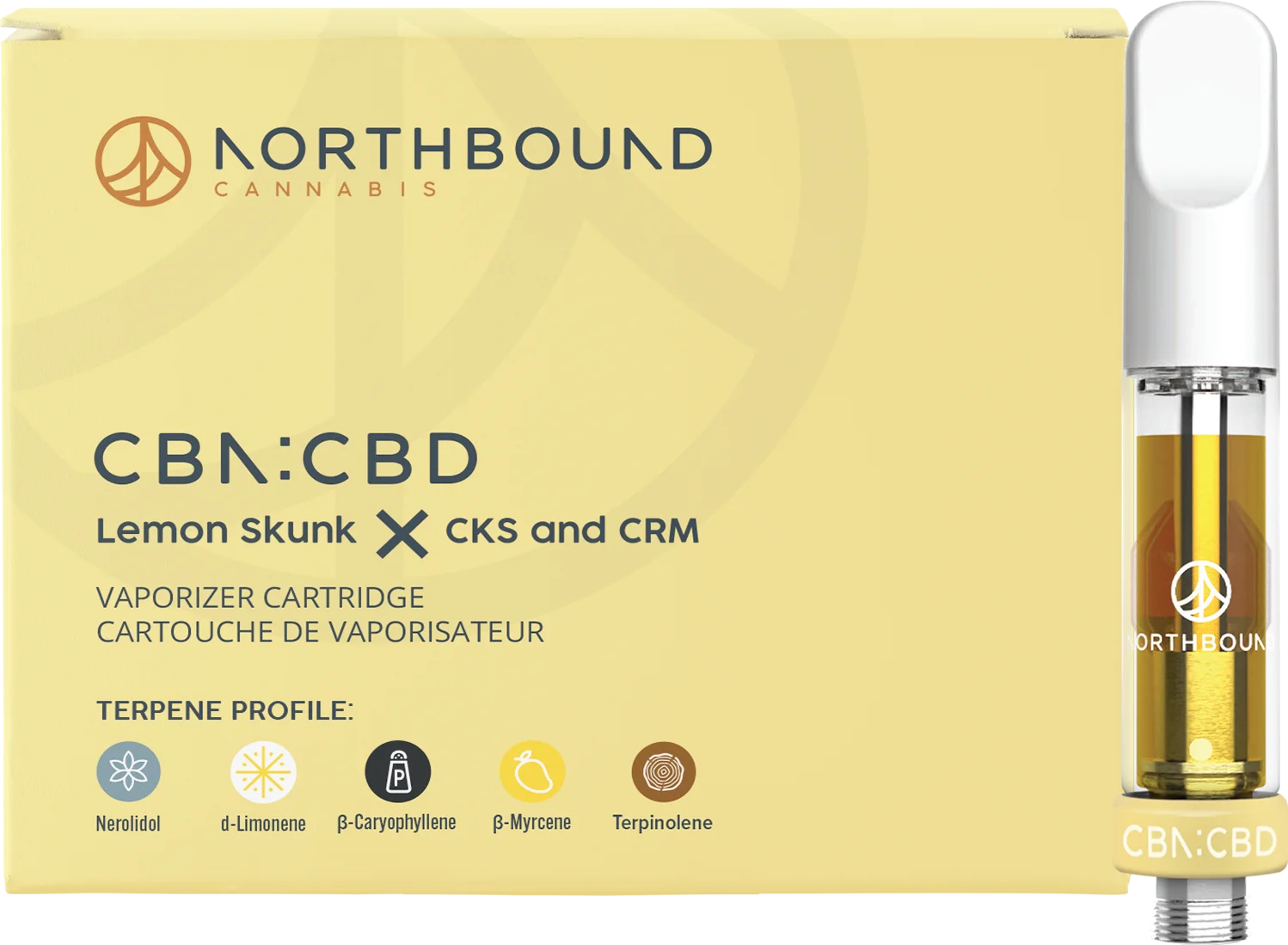 Yellow box labeled Northbound Cannabis CBN:CBD Lemon Skunk x CKS and CRM Vaporizer Cartridge beside a vape cartridge filled with amber oil.