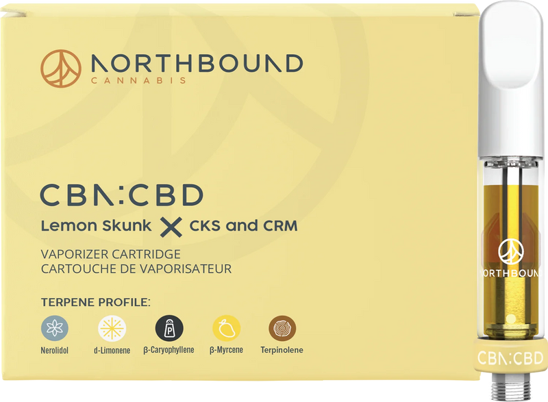 Yellow box labeled Northbound Cannabis CBN:CBD Lemon Skunk x CKS and CRM Vaporizer Cartridge beside a vape cartridge filled with amber oil.