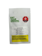 White Eat Your Greens pouch for CBN Cloudberry Soft Chews with THC symbol, cannabinoid content table, and warning panel