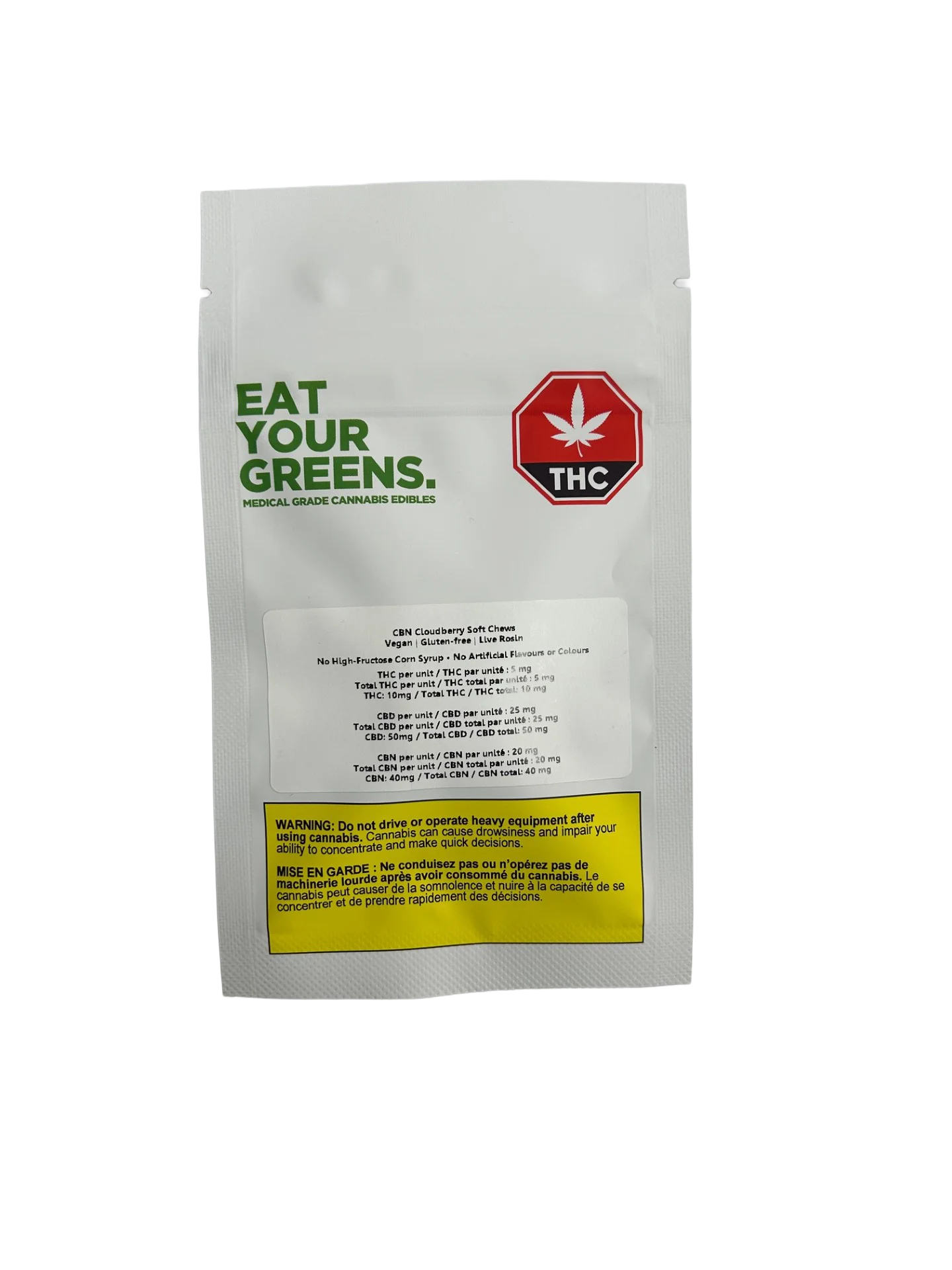 White Eat Your Greens pouch for CBN Cloudberry Soft Chews with THC symbol, cannabinoid content table, and warning panel