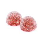 Two round red soft chew candies coated in coarse sugar crystals on a white background