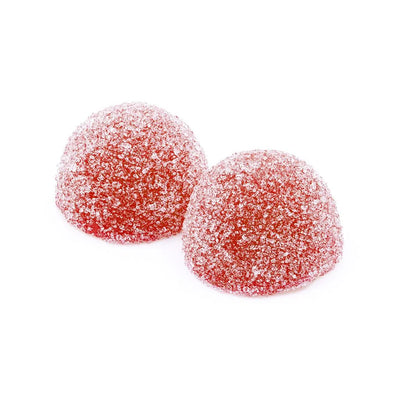 Two round red soft chew candies coated in coarse sugar crystals on a white background