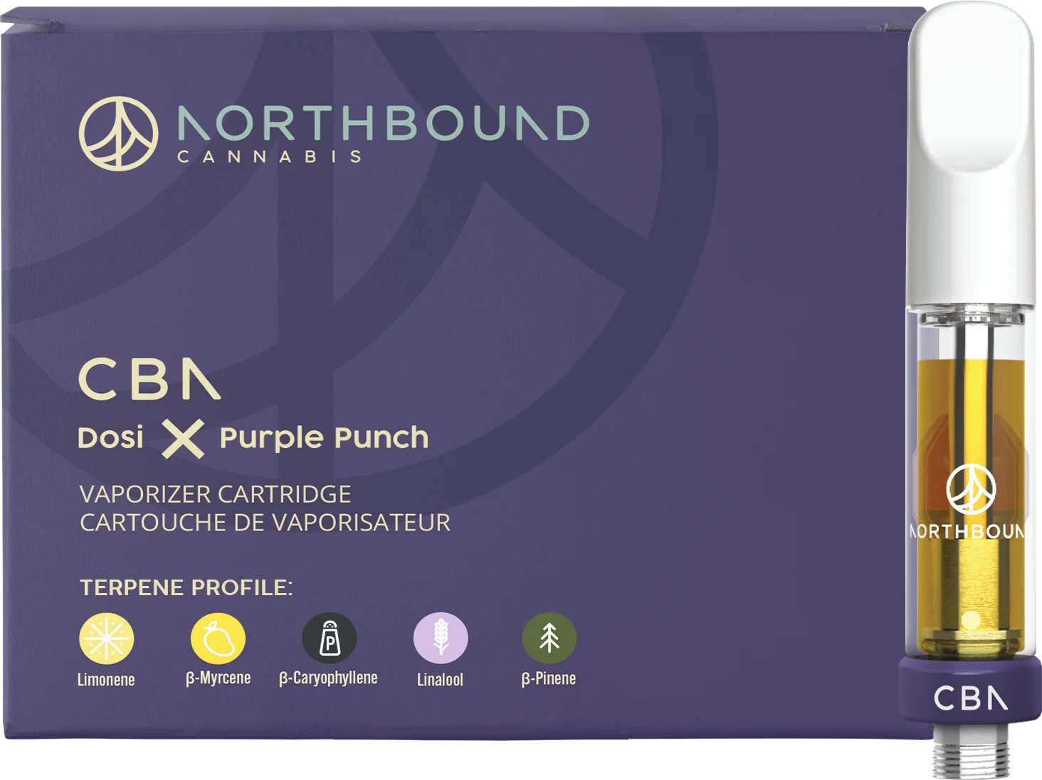 Purple Northbound Cannabis box for the Dosi x Purple Punch CBN vaporizer cartridge, beside the cartridge filled with amber oil.