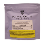 Back of the Kinloch Wellness pouch showing the bilingual product label with cannabinoid content, THC impairment warning, and Health Canada text.