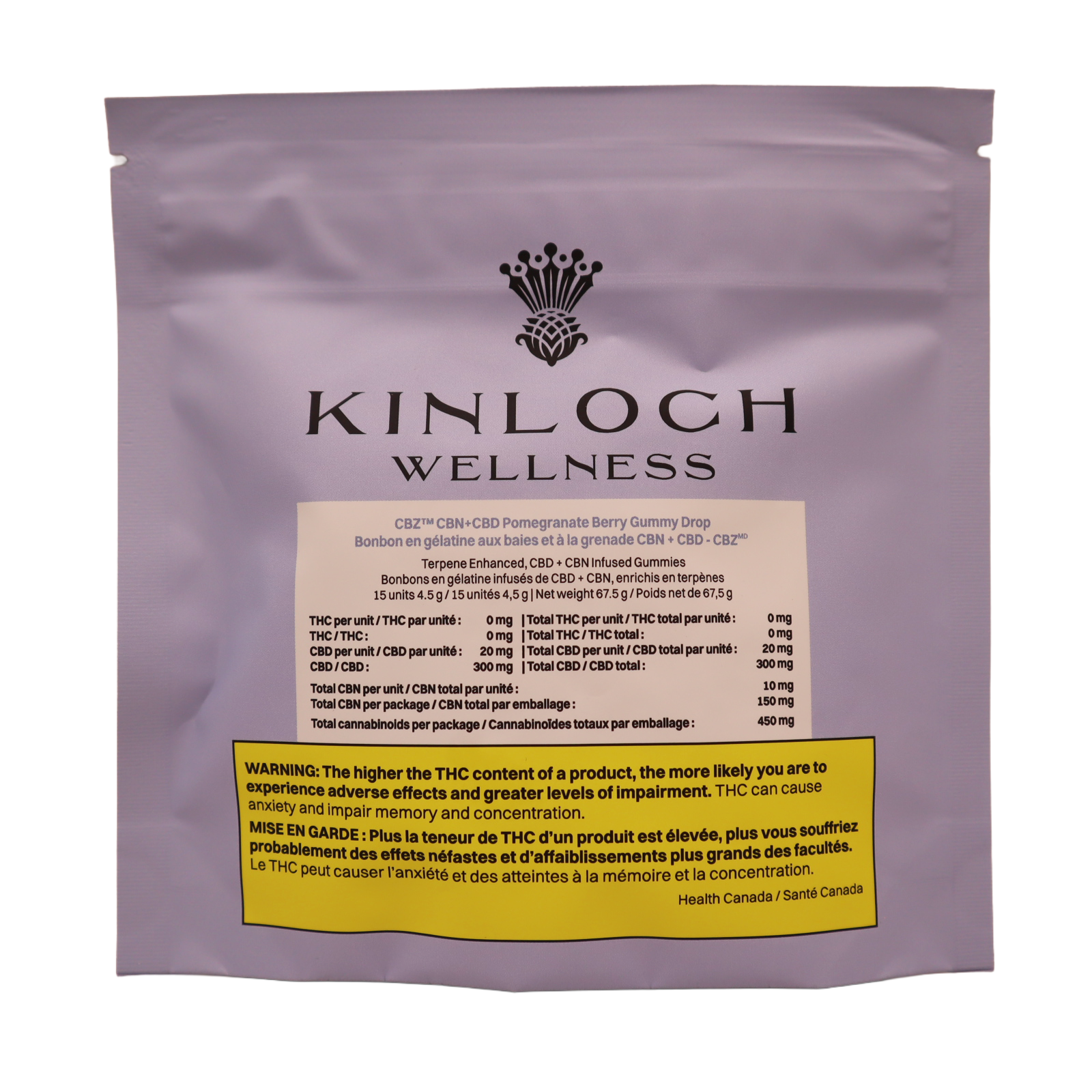 Back of the Kinloch Wellness pouch showing the bilingual product label with cannabinoid content, THC impairment warning, and Health Canada text.