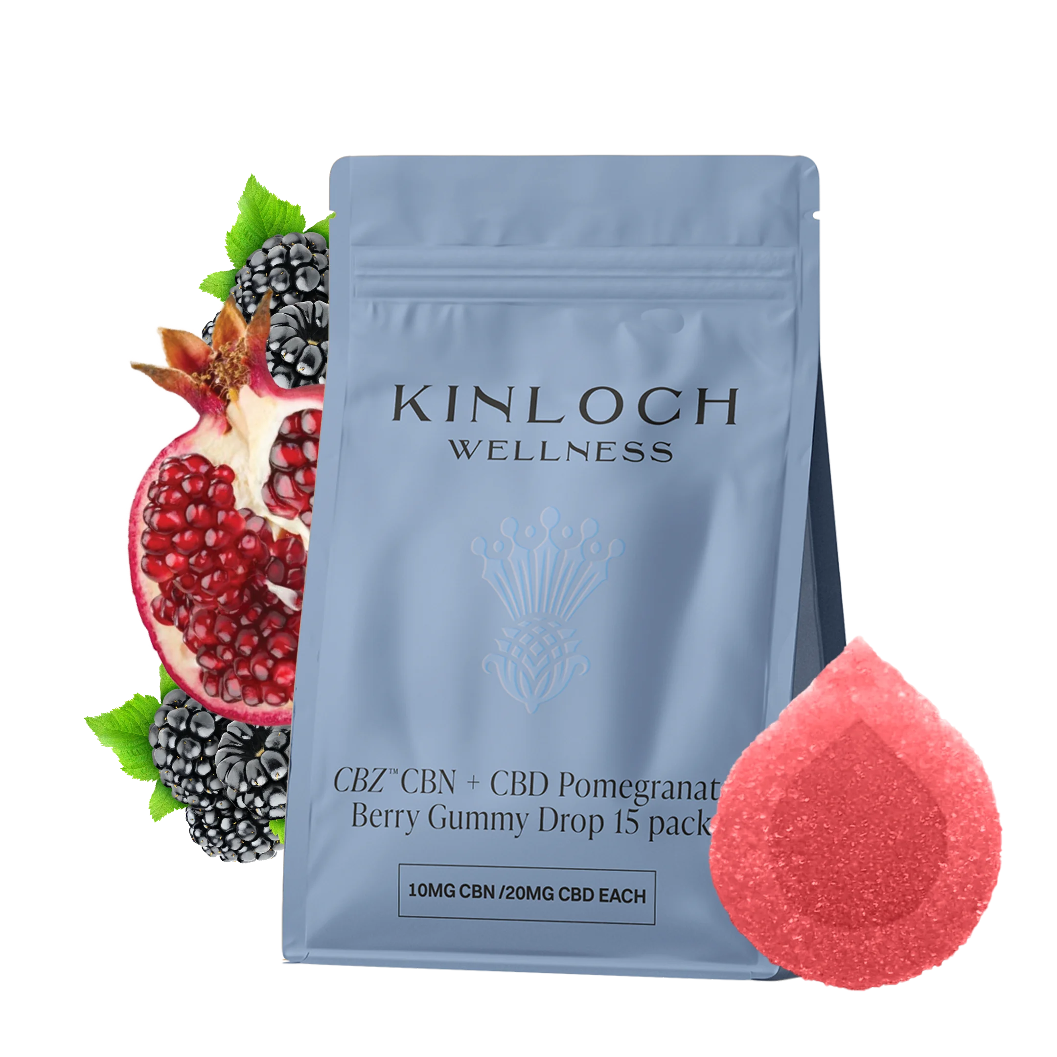 Blue stand-up pouch labeled Kinloch Wellness CBZ CBN + CBD Pomegranate Berry Gummy Drop 15 pack, beside a halved pomegranate, blackberries, and a red sugar-coated gummy.