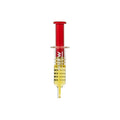 Syringe-style applicator for Cheeky Cherry NSFW Liquid Diamond Dispenser, clear barrel filled with yellow cannabis concentrate and a red plunger cap.