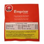 Back of the Emprise Rapid pouch showing bilingual cannabinoid content, terpene list, and Health Canada warning text for the cherry THC gummy.