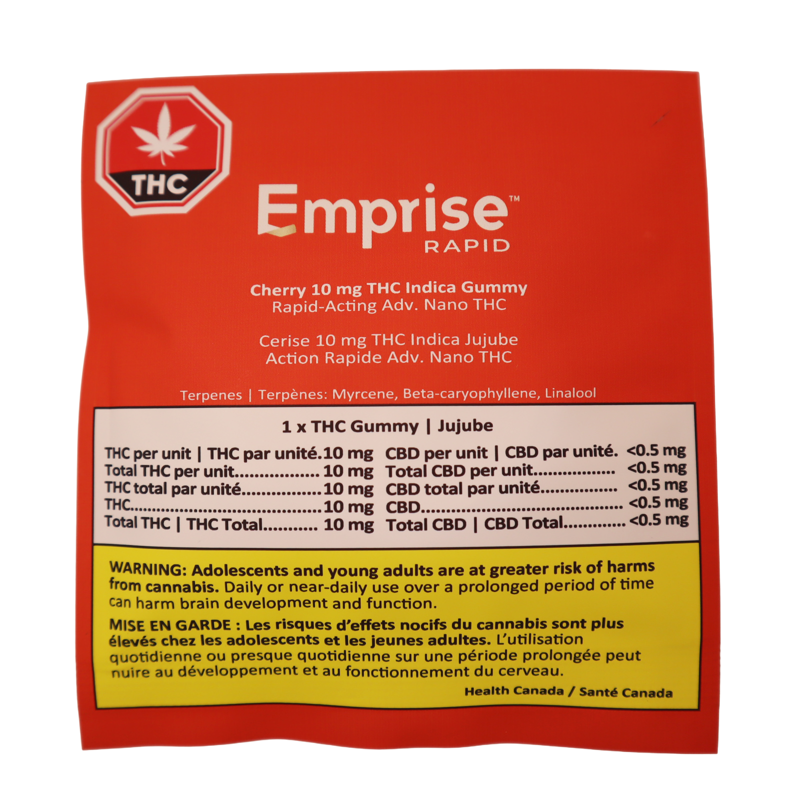 Back of the Emprise Rapid pouch showing bilingual cannabinoid content, terpene list, and Health Canada warning text for the cherry THC gummy.