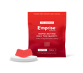 Red Emprise Rapid pouch labeled Rapid-Acting Max THC Gummy, Cherry 10mg THC Indica, with a red sugar-coated gummy piece displayed on a small pedestal in front.