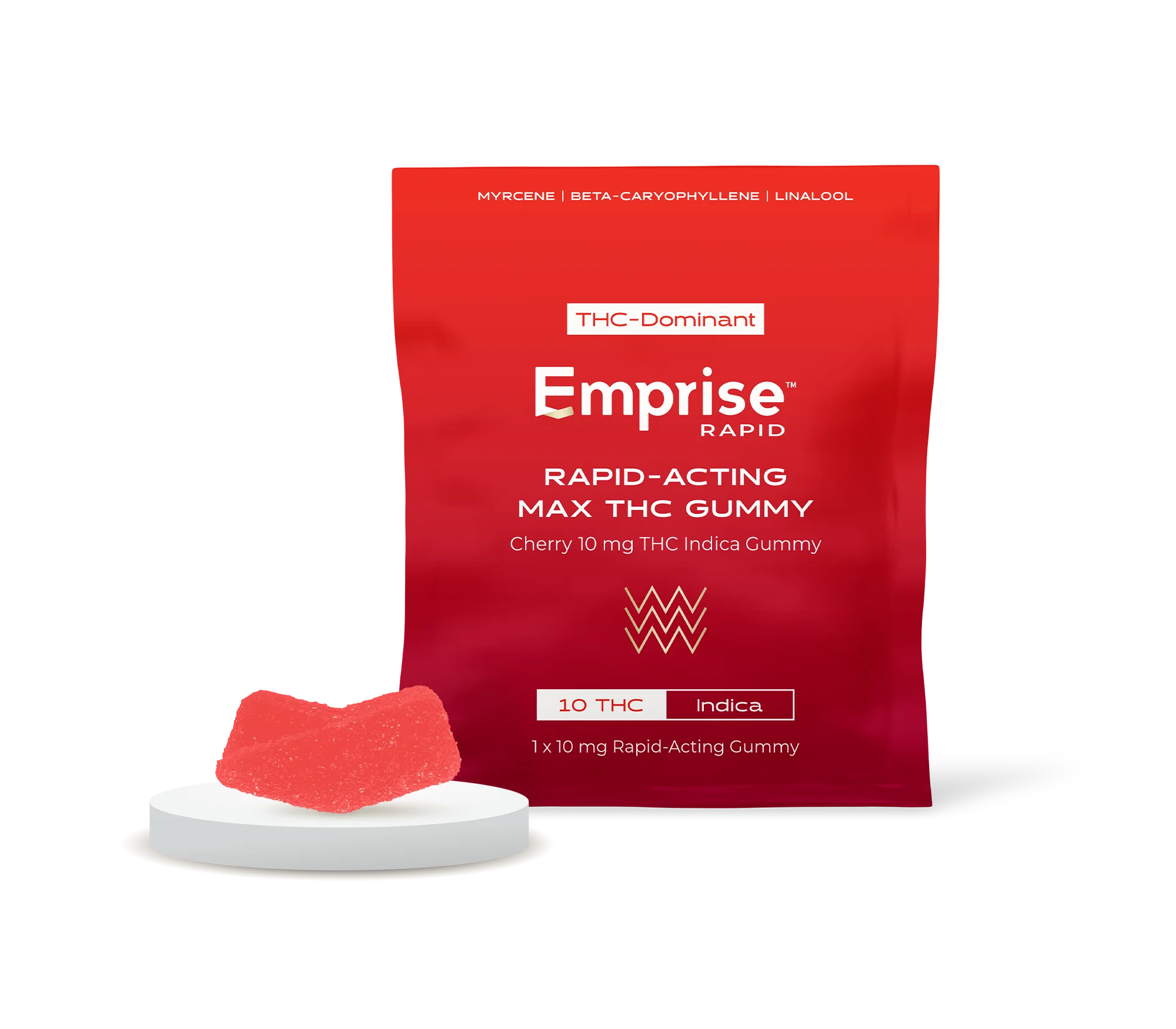 Red Emprise Rapid pouch labeled Rapid-Acting Max THC Gummy, Cherry 10mg THC Indica, with a red sugar-coated gummy piece displayed on a small pedestal in front.