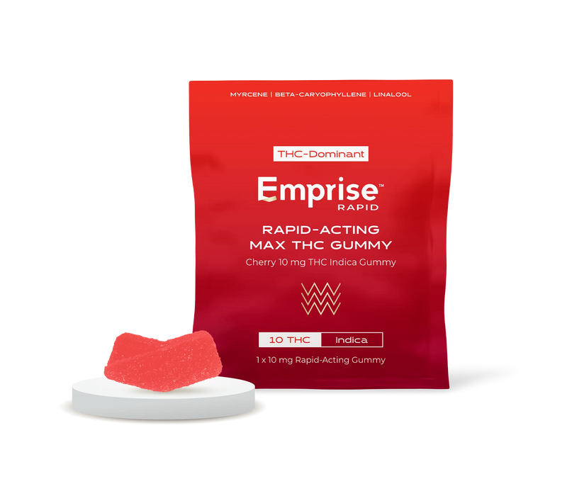 Red Emprise Rapid pouch labeled Rapid-Acting Max THC Gummy, Cherry 10mg THC Indica, with a red sugar-coated gummy piece displayed on a small pedestal in front.