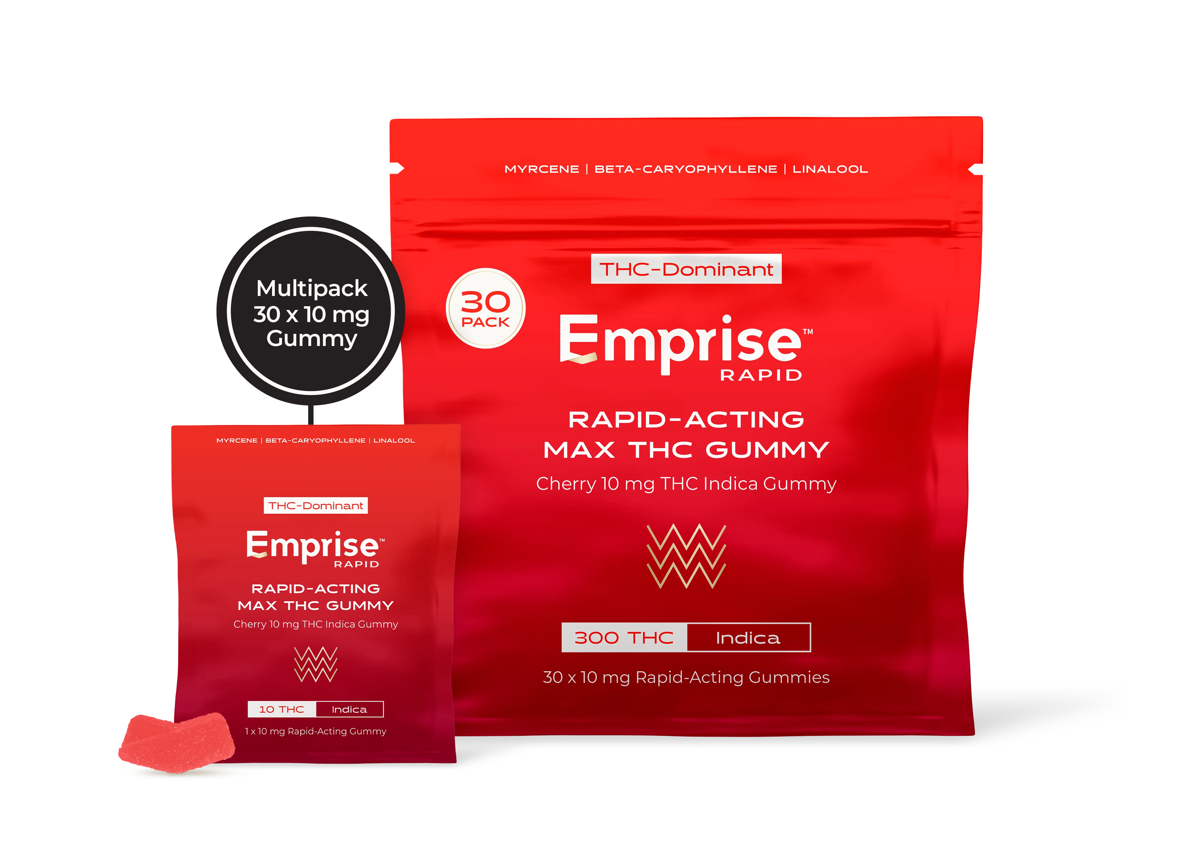 Red Emprise Rapid Max THC Gummy packaging in a 30-pack pouch and single sachet, with one cherry-shaped red gummy shown in front.