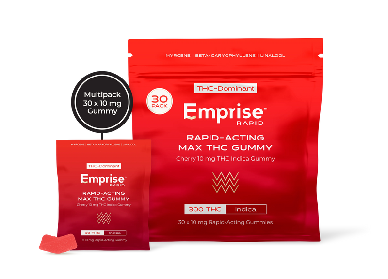 Red Emprise Rapid Max THC Gummy packaging in a 30-pack pouch and single sachet, with one cherry-shaped red gummy shown in front.