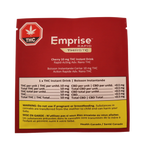 Back label of the Emprise Rapid Thirstc Cherry THC Instant Drink packet, showing dosage details and bilingual warning.