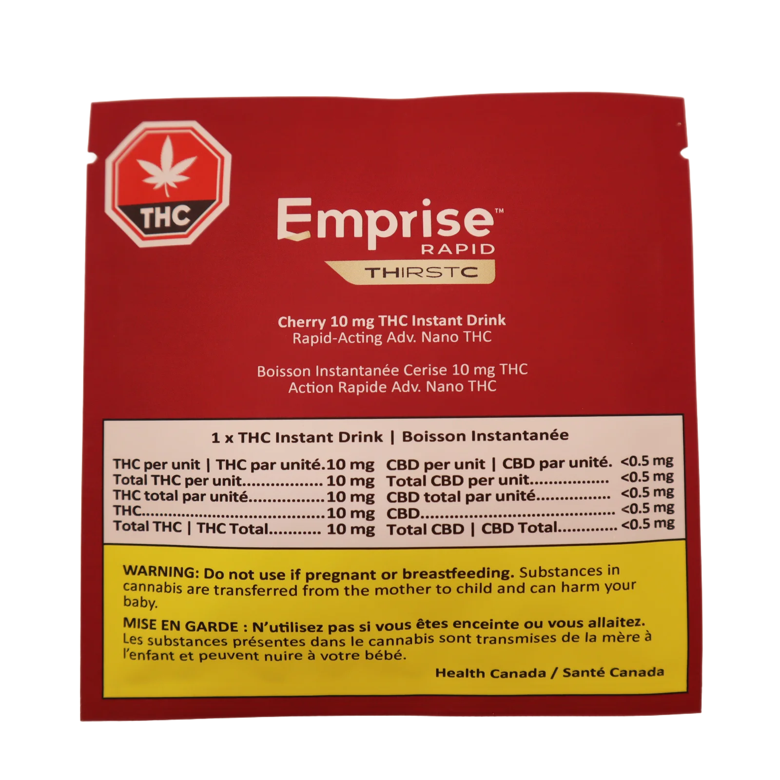 Back label of the Emprise Rapid Thirstc Cherry THC Instant Drink packet, showing dosage details and bilingual warning.