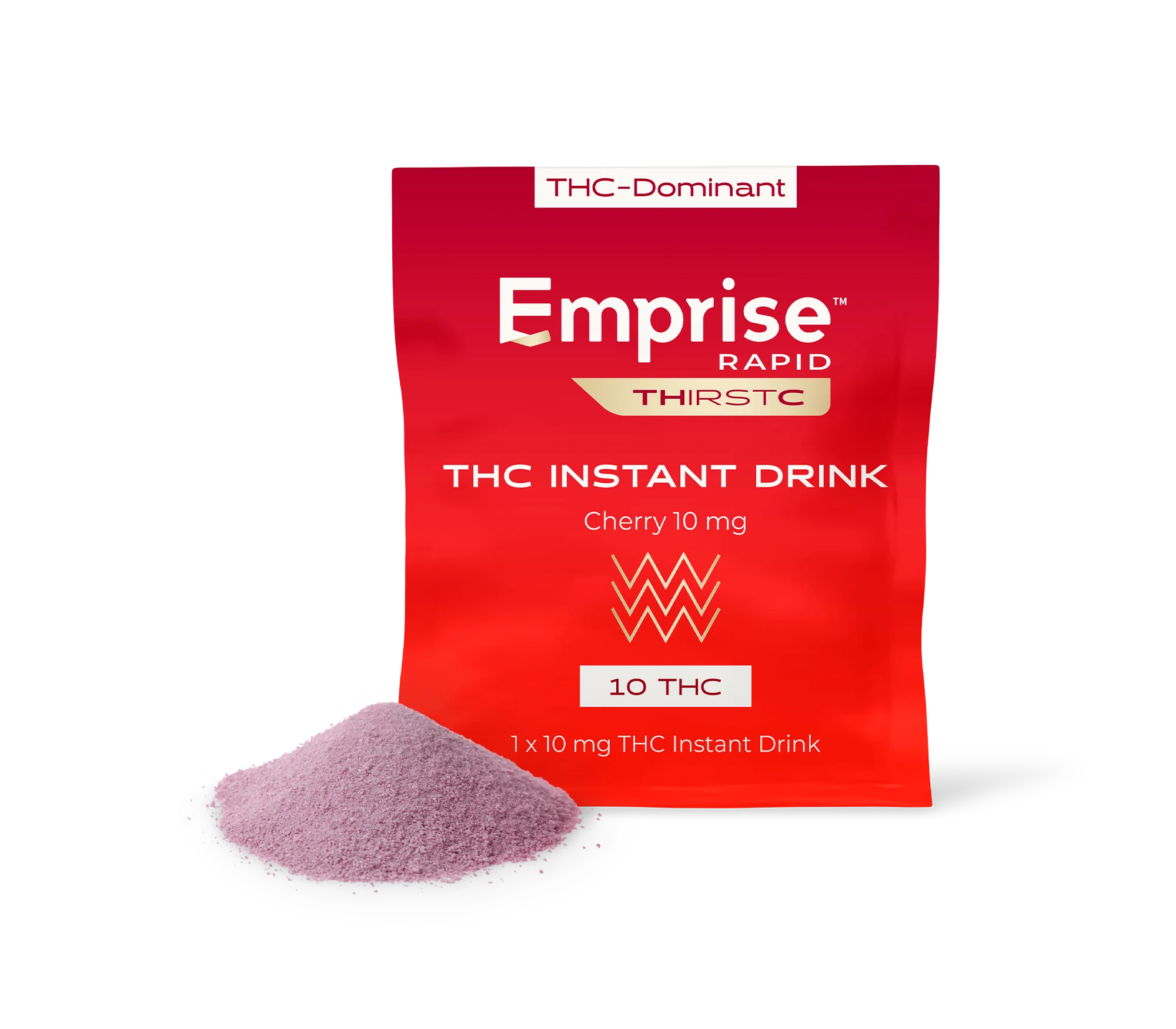 Red Emprise Rapid Thirstc packet for Cherry 10 mg THC Instant Drink, with a mound of pink powder poured in front.