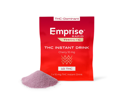 Red Emprise Rapid Thirstc packet for Cherry 10 mg THC Instant Drink, with a mound of pink powder poured in front.