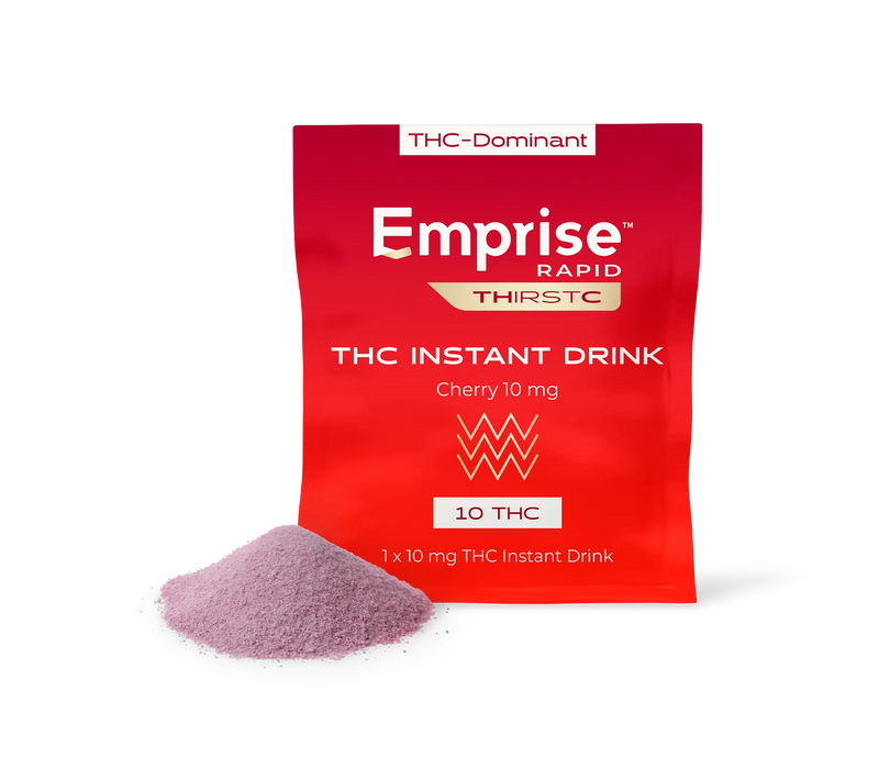 Red Emprise Rapid Thirstc packet for Cherry 10 mg THC Instant Drink, with a mound of pink powder poured in front.