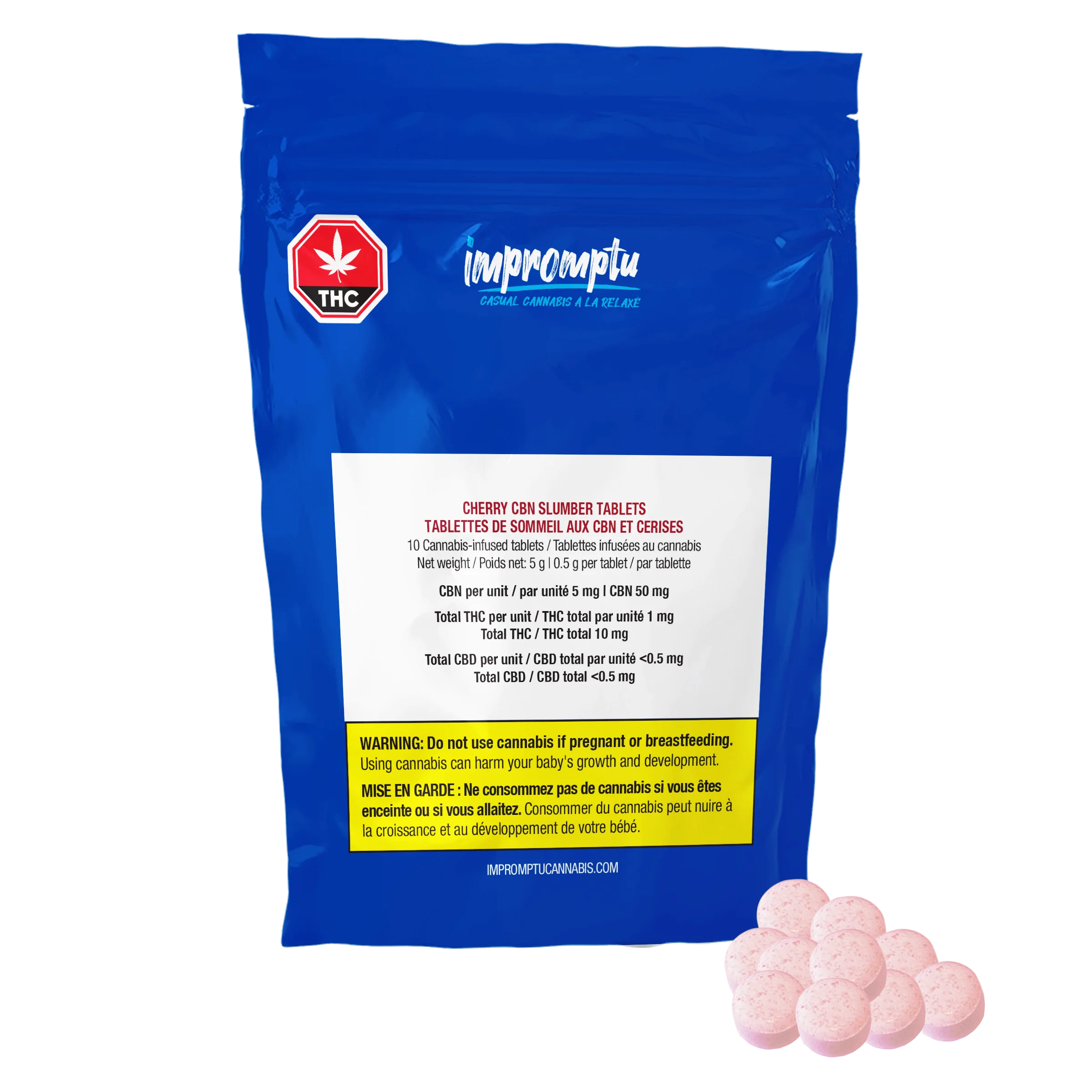 Blue Impromptu Cherry CBN Slumber Tablets pouch beside a pile of pink cannabis-infused tablets.