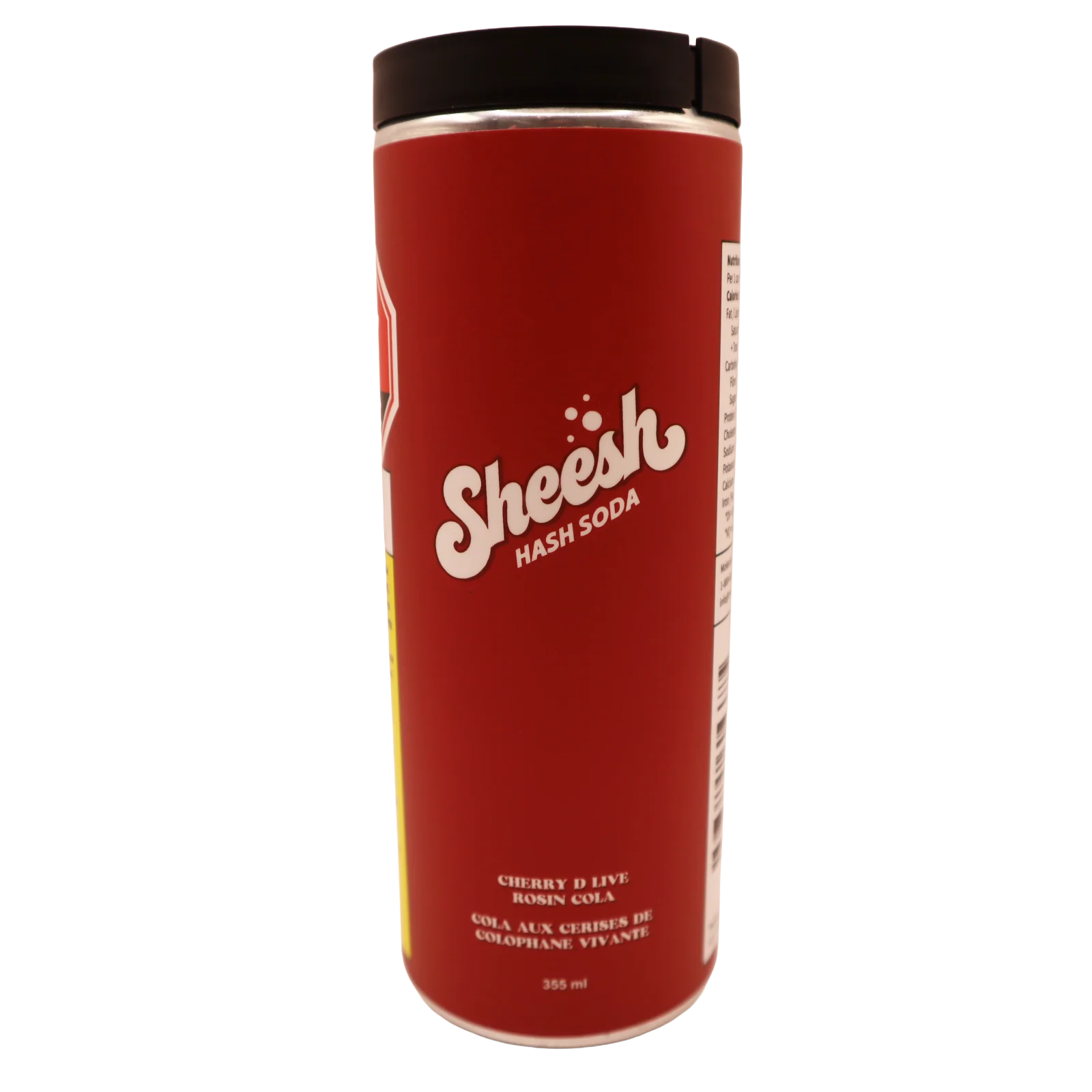 Angled side view of the Sheesh Hash Soda can showing the bilingual Cherry D Live Rosin Cola text and 355 mL volume.