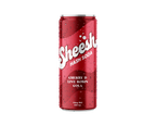 Red aluminum can of Sheesh Hash Soda Cherry D Live Rosin Cola with condensation droplets on its surface.