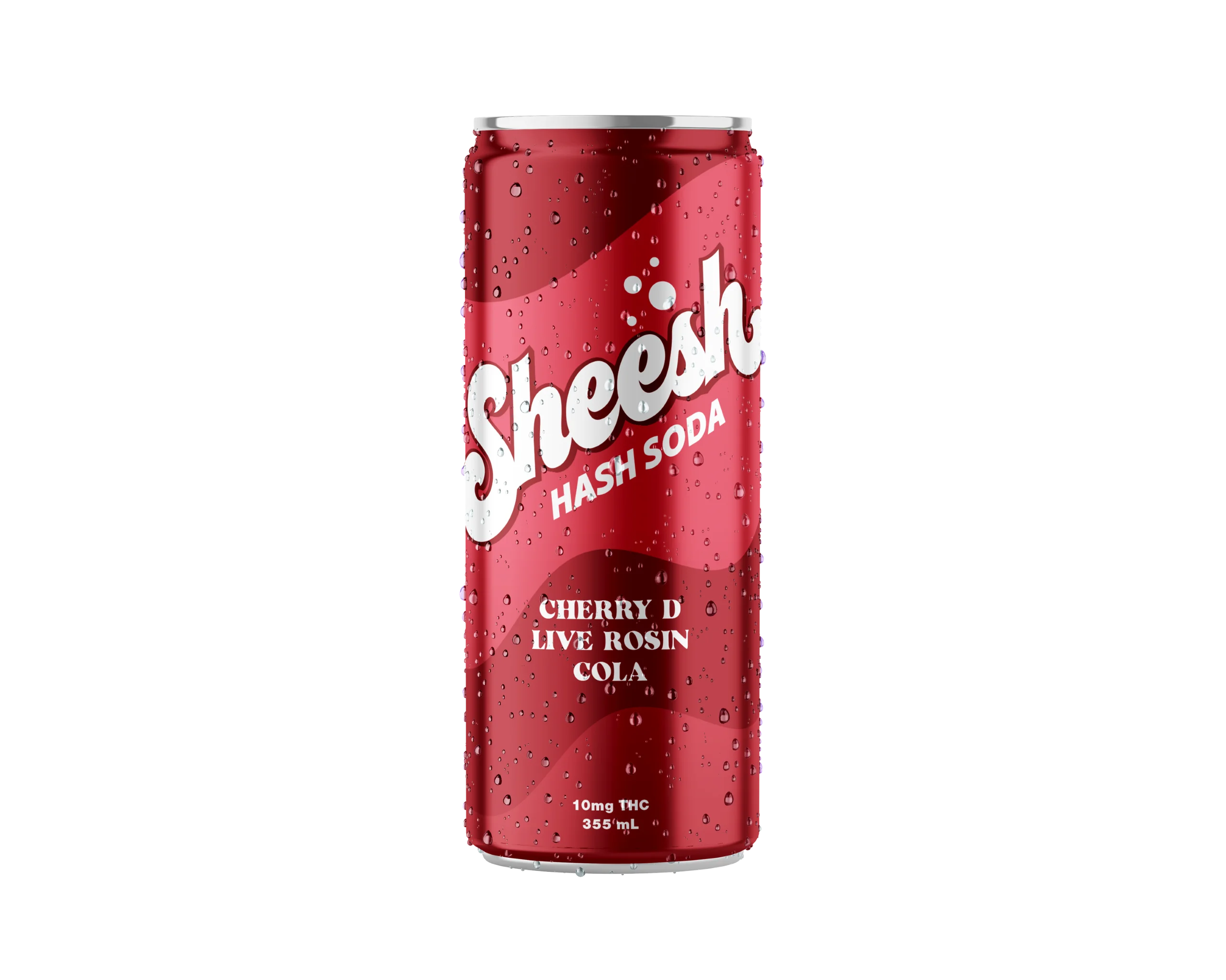 Red aluminum can of Sheesh Hash Soda Cherry D Live Rosin Cola with condensation droplets on its surface.