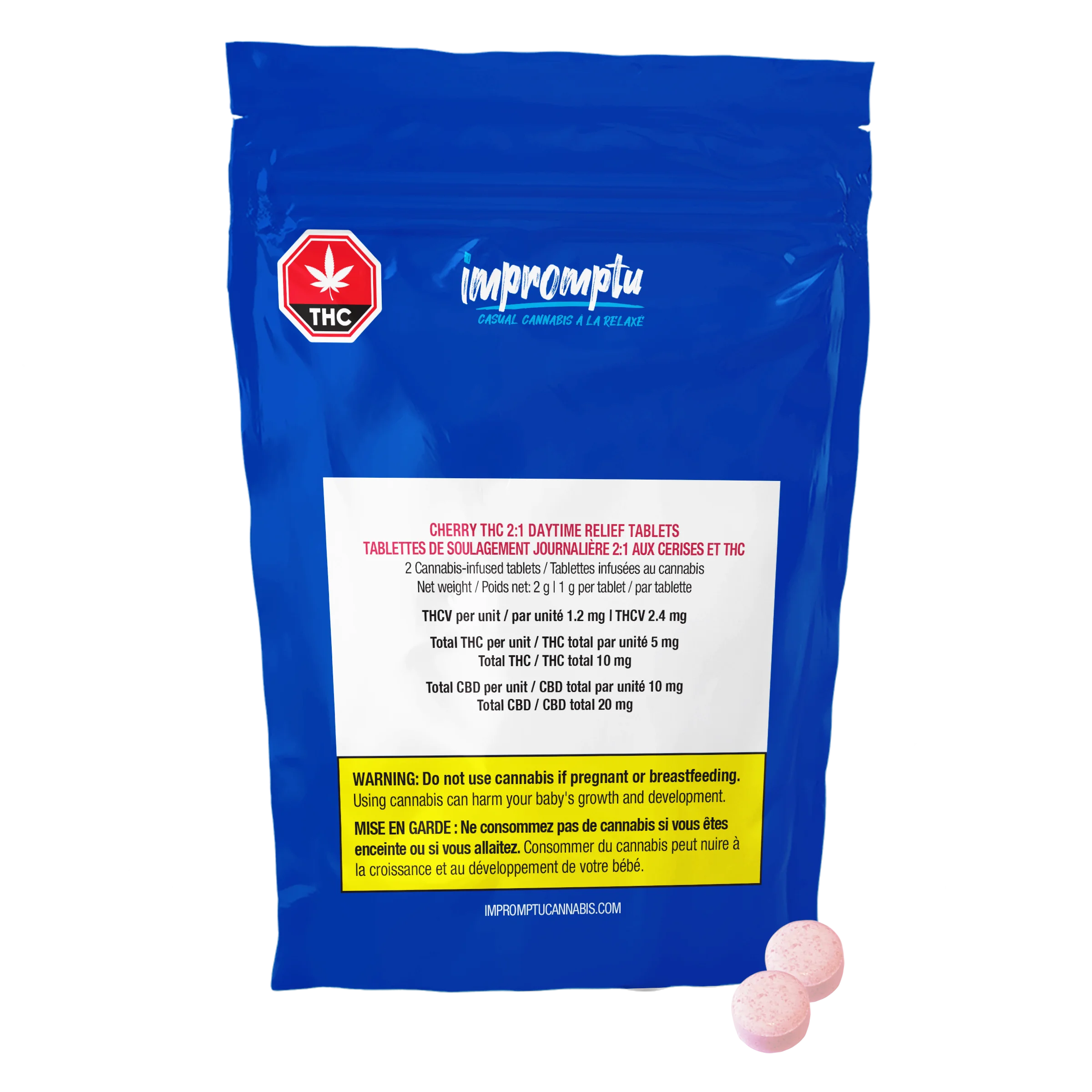 Blue Impromptu pouch for Cherry THC 2:1 Daytime Relief Tablets with two pink tablets shown in front and cannabinoid content panel