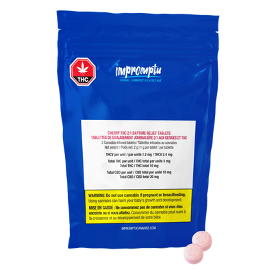 Blue Impromptu pouch for Cherry THC 2:1 Daytime Relief Tablets with two pink tablets shown in front and cannabinoid content panel