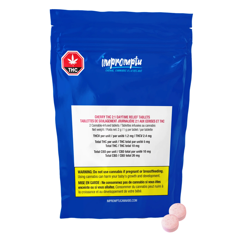 Blue Impromptu pouch for Cherry THC 2:1 Daytime Relief Tablets with two pink tablets shown in front and cannabinoid content panel