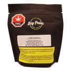 Black stand-up pouch for Big Pete's Santa Cruz Chocolate Chip Mini Cookies, showing a THC dosage panel and cannabis warning label.