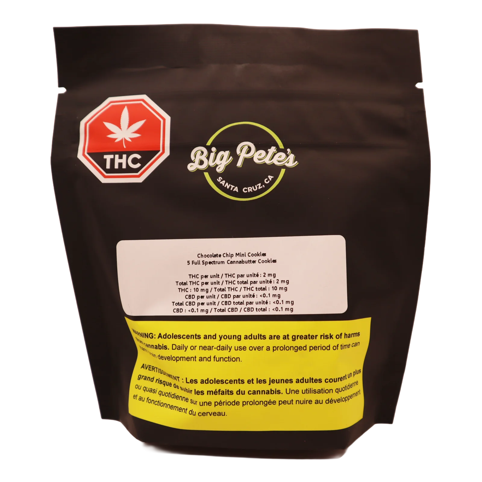 Black stand-up pouch for Big Pete's Santa Cruz Chocolate Chip Mini Cookies, showing a THC dosage panel and cannabis warning label.