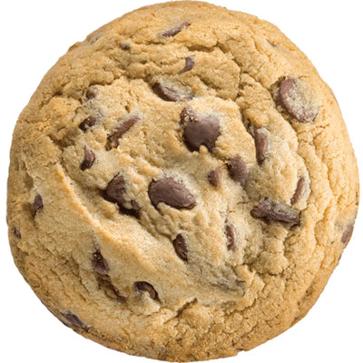 Close-up of a single round chocolate chip cookie, showing melted chocolate chunks throughout the golden dough.
