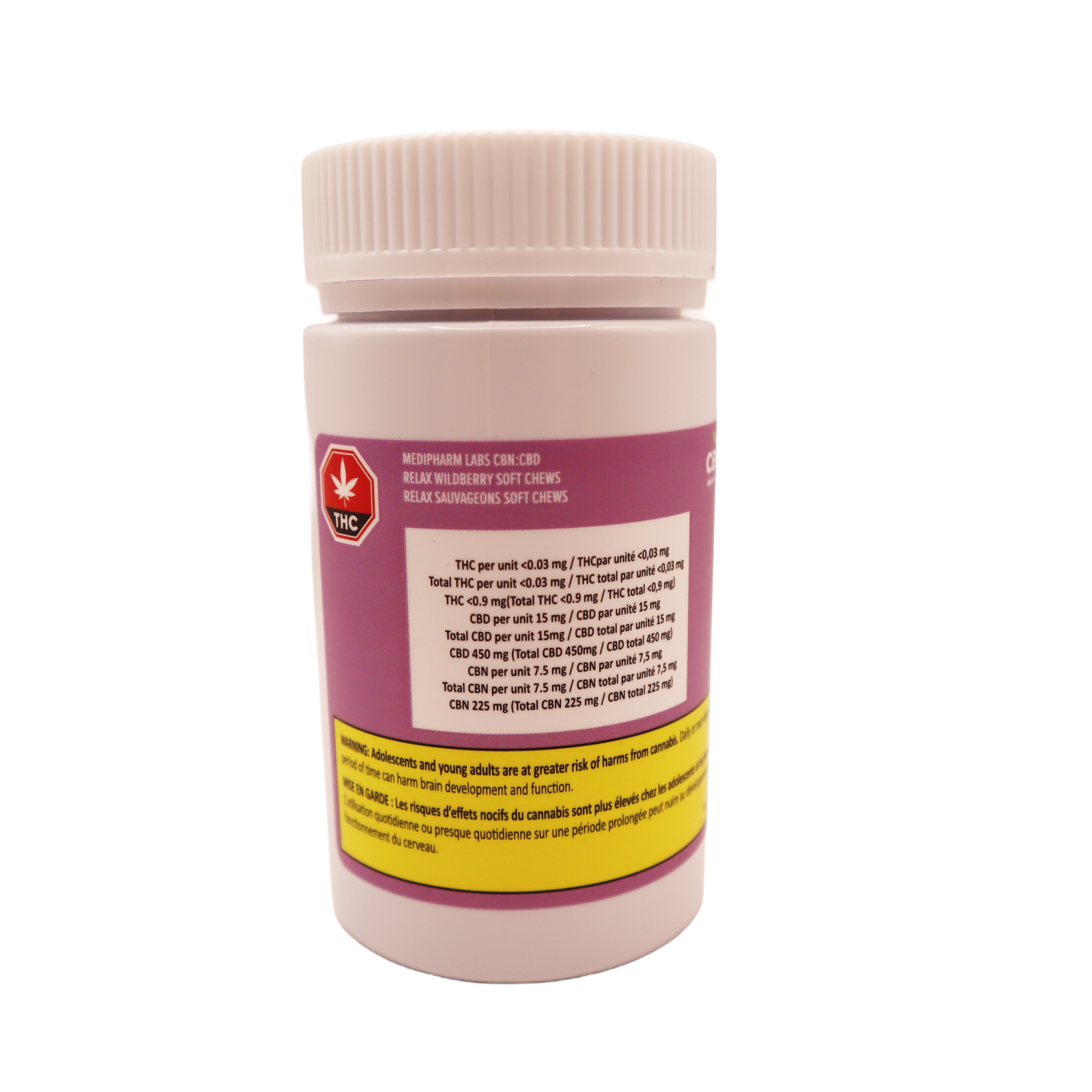 Side label of the Wildberry Soft Chews bottle listing THC and CBD content per unit and a Health Canada bilingual warning.
