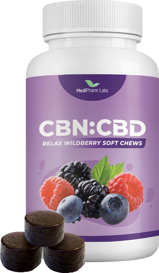 White bottle of MediPharm Labs CBN:CBD Relax Wildberry Soft Chews with a purple label showing berries, beside three dark round chews.