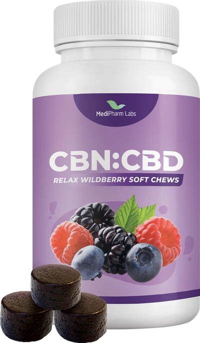White bottle of MediPharm Labs CBN:CBD Relax Wildberry Soft Chews with a purple label showing berries, beside three dark round chews.