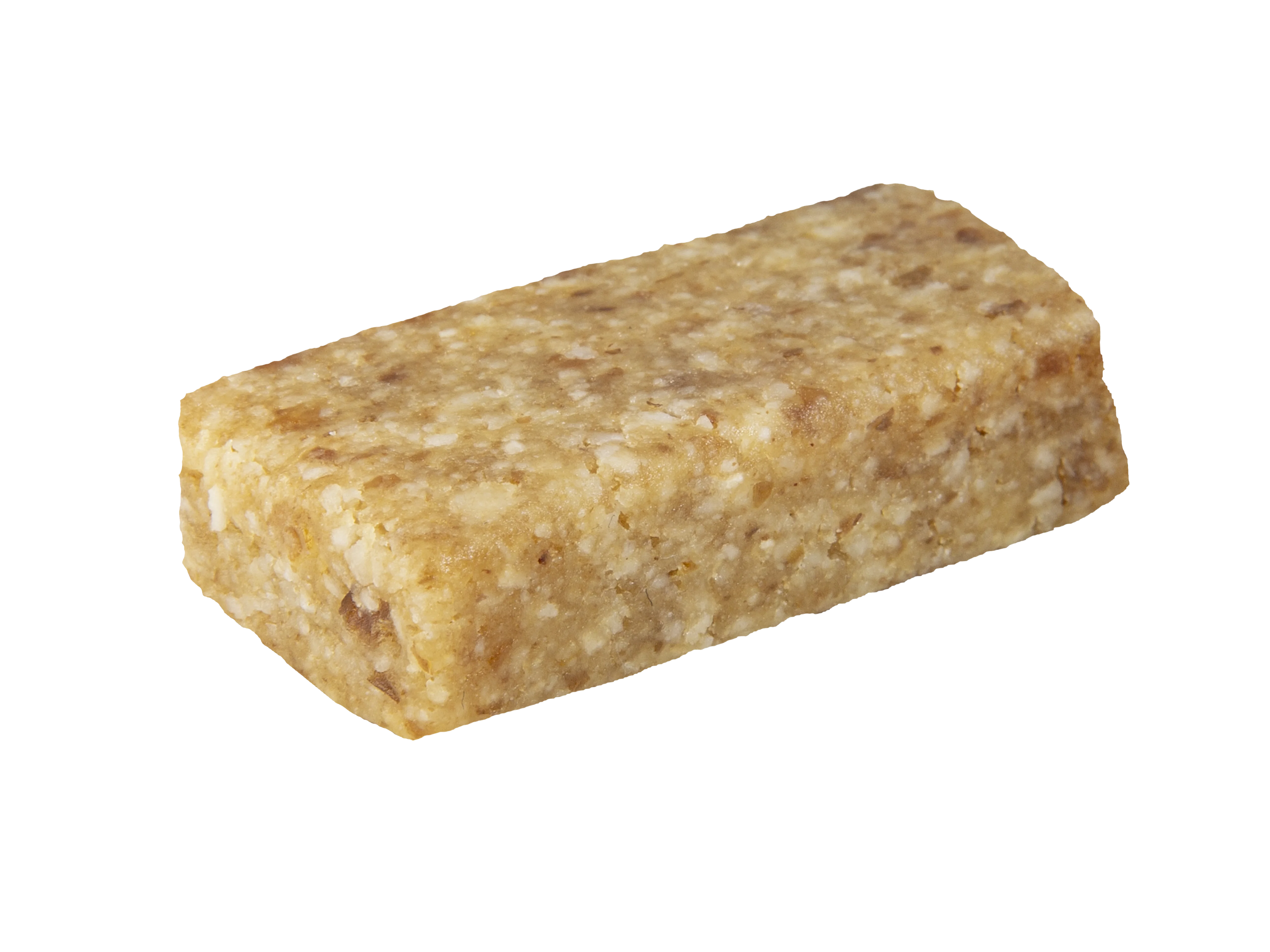 Single rectangular bar with visible coconut and grain pieces, shown at an angle on a white background.