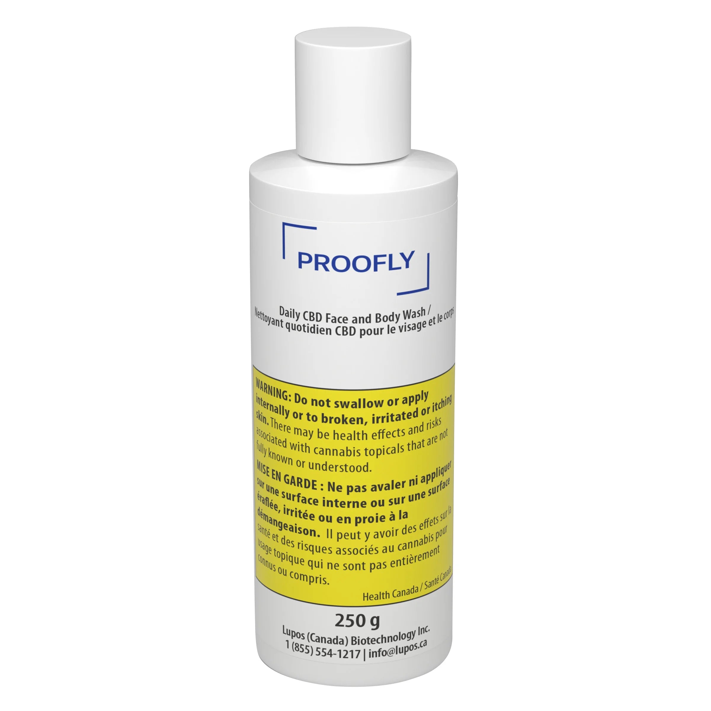 White Proofly bottle labeled Daily CBD Face and Body Wash, 250 g, with a yellow cannabis topical warning label.