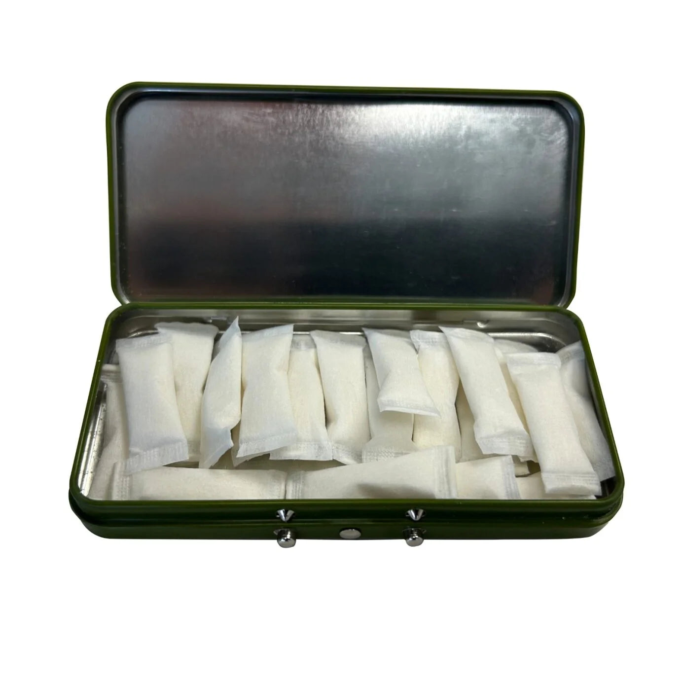 Open olive-green tin revealing rows of individually wrapped white sublingual pouches inside the Daily THC-Free Mint Relief pack.