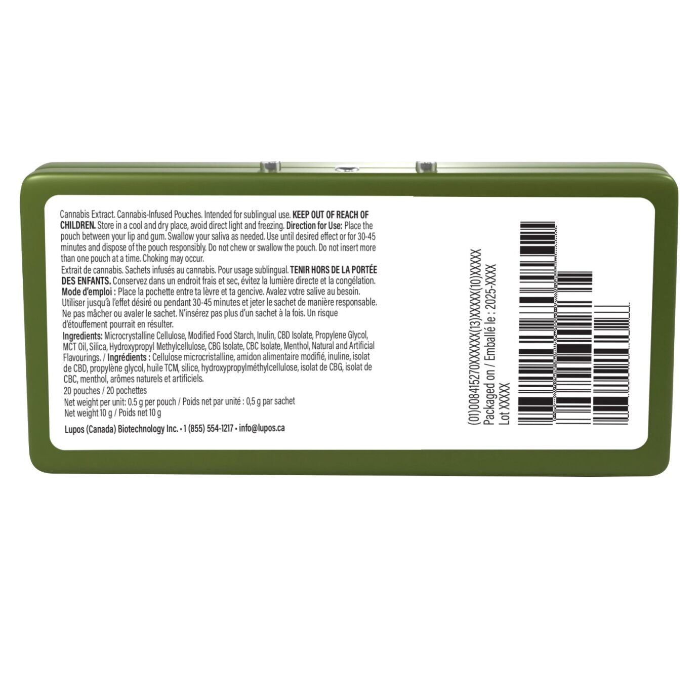 Underside of the tin case listing ingredients, directions for use, and barcode information for the Daily THC-Free Mint Relief pouches.