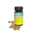 Black bottle of Emprise Dimension CBD softgels with teal label, shown beside a scattering of amber softgel capsules.