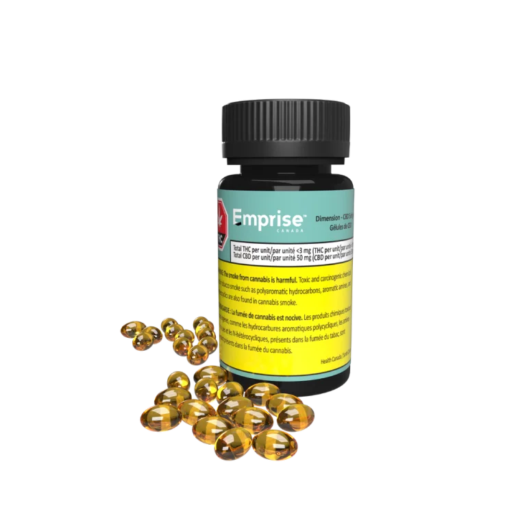 Black bottle of Emprise Dimension CBD softgels with teal label, shown beside a scattering of amber softgel capsules.