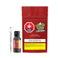 Red package for Glacial Gold Max THC 30 Oil beside a dark glass dropper bottle and oral dosing syringe, with THC warning icon.