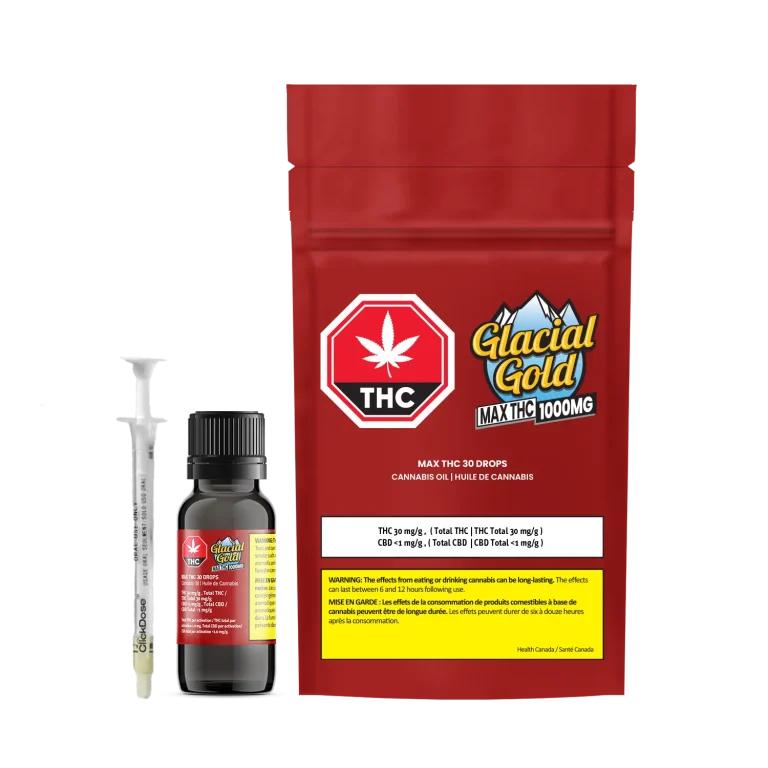 Red package for Glacial Gold Max THC 30 Oil beside a dark glass dropper bottle and oral dosing syringe, with THC warning icon.