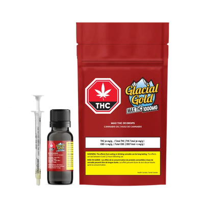 Red package for Glacial Gold Max THC 30 Oil beside a dark glass dropper bottle and oral dosing syringe, with THC warning icon.